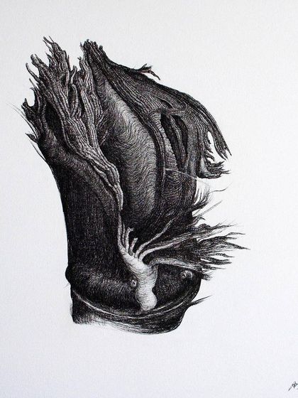 This drawing by Arpita Bhavsar has the detailed, organic quality of a scientific illustration, yet it feels entirely abstract. The artist describes it as a "slow but sturdy wooden animation," a form emerging from the page.