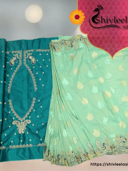 A flat lay of two beautiful sarees. On the left is a teal silk with intricate embroidery for a blouse piece, and on the right is a mint green saree with paisley motifs, perfect for a summer wedding.