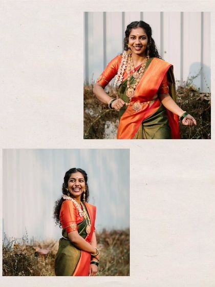 Two portraits of the bride from her Mehendi day, capturing her joyful expressions and traditional attire.