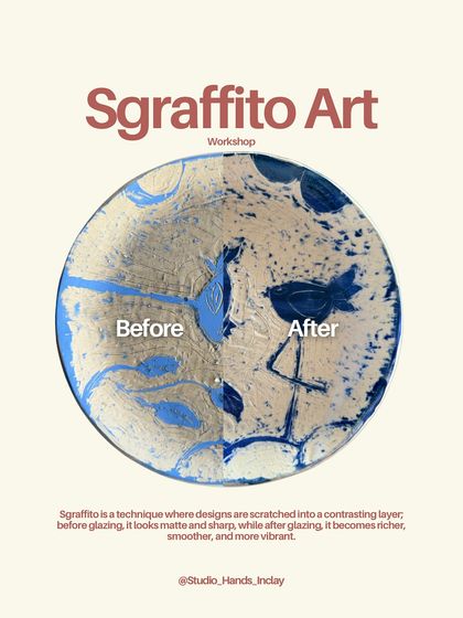 A before and after look at a Sgraffito piece. The design is matte and sharp before glazing, and becomes rich, smooth, and vibrant after firing.