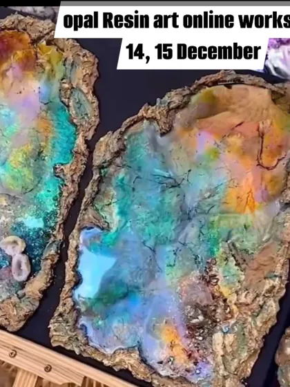 Learn to create stunning, iridescent opal resin art in my online workshop. I will guide you through the process of achieving these beautiful, shimmering effects.
