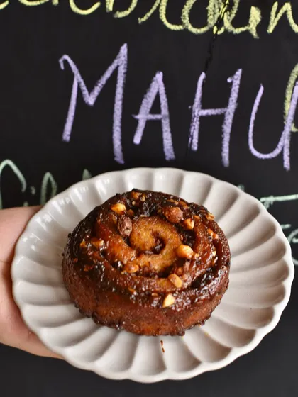 Our Mahua Cinnamon Roll, another creation for the Wild Food Festival. The pillowy roll is swirled with Mahua-cinnamon butter and glazed with jaggery caramel.