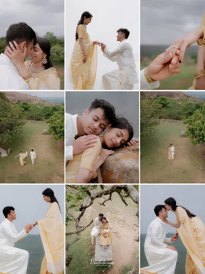 A grid of nine photos capturing the story of a proposal and romantic moments across the beautiful, green landscape of Melukote.
