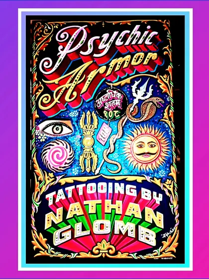A sign for Psychic Armor Tattooing by Nathan Glomb. The artwork is filled with spiritual and mystical symbols like the all-seeing eye, a trishul (trident), a snake, and the sun.