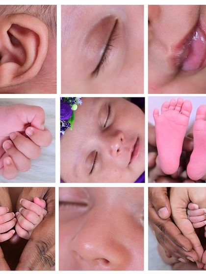 A detailed collage capturing the tiny features of a newborn: their ear, eyelashes, lips, hands, and feet. These shots are perfect for remembering just how small they were.