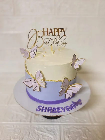 A full view of the butterfly cake, showing the two-tone effect.