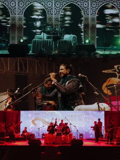 A collage showcasing the live band performance at a Sangeet night, capturing the energy of the musicians and the grand stage setup.