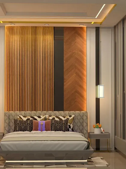 A master bedroom design that balances different materials, including wood, metal, and fabric. The tufted headboard is set against a backdrop of vertical wood paneling, creating a rich and textured look.