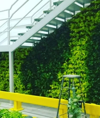 This is a full-height indoor vertical garden I installed under a staircase. It brings a massive amount of vibrant greenery into the space, softening the modern, industrial feel of the architecture.