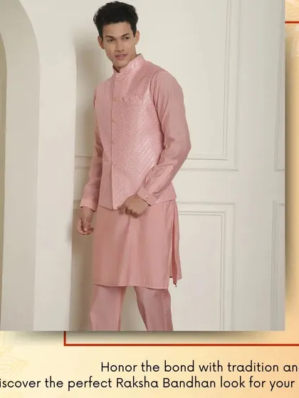Honor the bond of Raksha Bandhan with tradition and trend. This pink kurta pajama set with a matching textured jacket is a perfect look for the celebration.