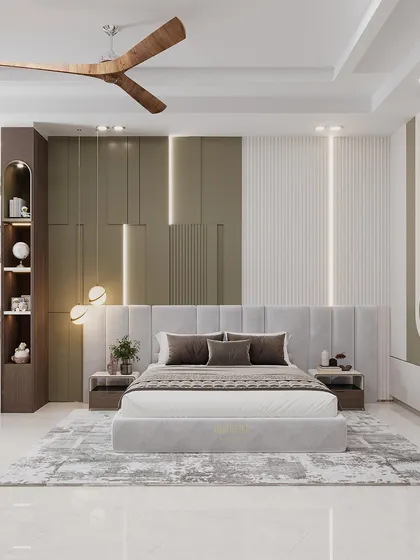 A 3D render of a kids' bedroom with pastel ivory green wall paneling and a custom-designed wardrobe. The room includes a dedicated study area with storage, creating a sanctuary for growth and imagination.