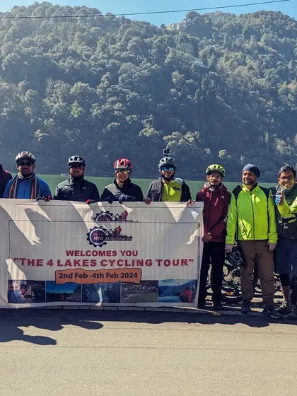 This is what it's all about. A group of happy riders at the end of our 4 Lakes Cycling Tour in Nainital. We build events where the camaraderie is just as important as the competition, creating a supportive and fun atmosphere for everyone.