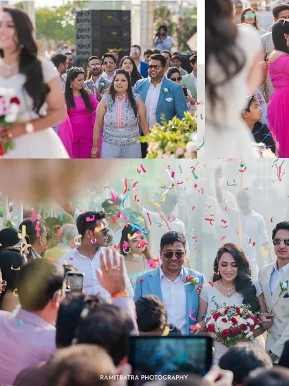 A collage of the bride and groom's joyful entrance, walking through a crowd of cheering guests under a shower of confetti.