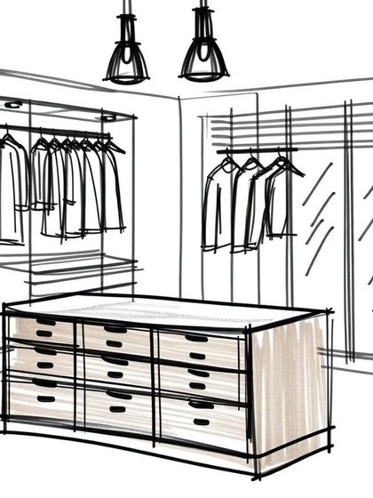 The initial concept sketch for the Terra walk-in closet. Our design process starts with planning the layout for maximum functionality, including a central island, hanging space, and drawers to ensure every item has its place.