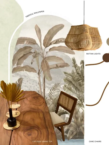 Our design process starts with a mood board to establish the feel of a space. This board for the dining area combines a live-edge dining table, cane chairs, rattan lights, and tropical wallpaper to define the textural and natural aesthetic.