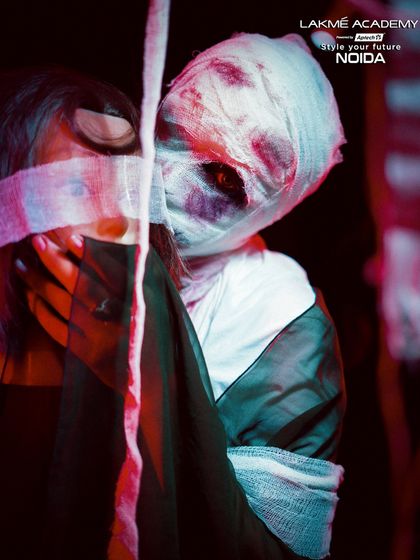 A terrifyingly realistic mummy makeup look created for Halloween. Our special effects module covers horror and gore makeup for events and productions.