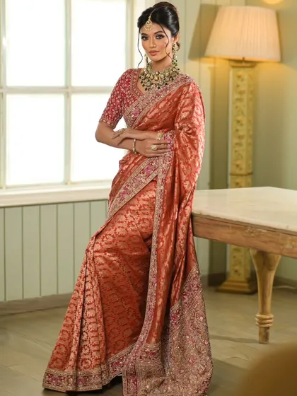 A full view of the saree, showing the intricate work and the graceful way it is draped.
