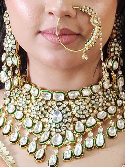 Another angle of the exquisite Pachi Kundan necklace, showing the full design and craftsmanship. This is a true statement piece for a royal bridal look.