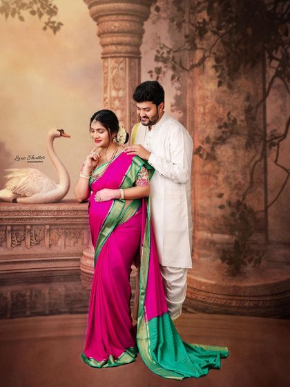 A beautiful couple's portrait inspired by classical art. The husband-to-be adjusts his wife's hair in a tender gesture, set against a painterly backdrop with a swan.