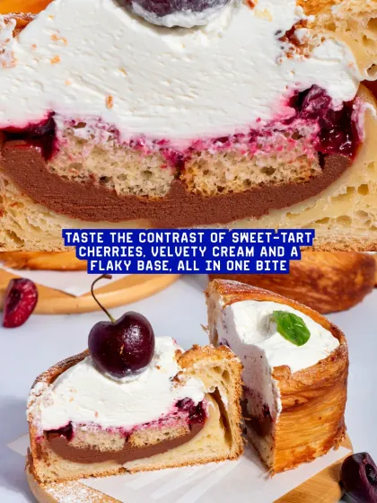 This image highlights the contrast of sweet-tart cherries, velvety cream, and the flaky base, a combination that makes this dessert a standout.