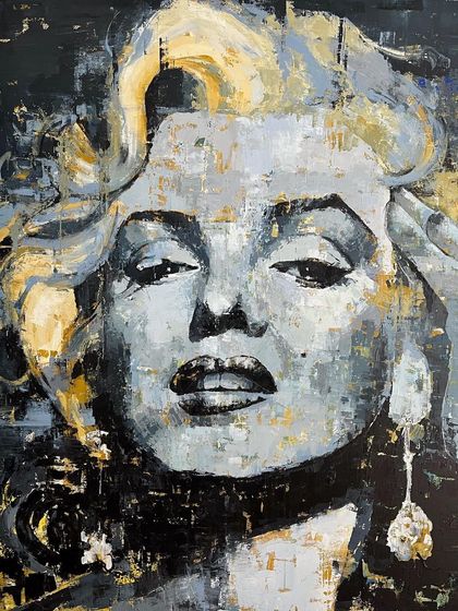 A full view of the monochromatic Marilyn Monroe painting. At 5x4 feet, it's a substantial piece that makes a bold statement in any interior space.