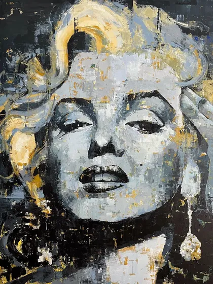 This monochromatic portrait of Marilyn Monroe, created with a palette knife, explores a different side of the icon. The heavy textures and shades of grey and gold give it a contemplative and almost sculptural quality.