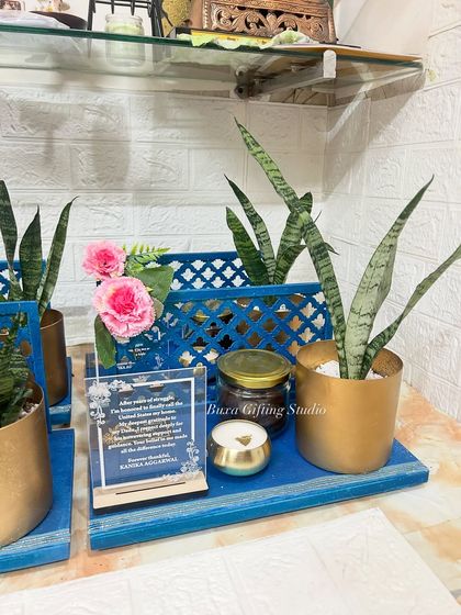 A "Thank You" hamper for a client celebrating their Green Card. This luxury platter includes a snake plant in a golden brass planter, Theobroma cookies, and a scented candle with a custom acrylic card.