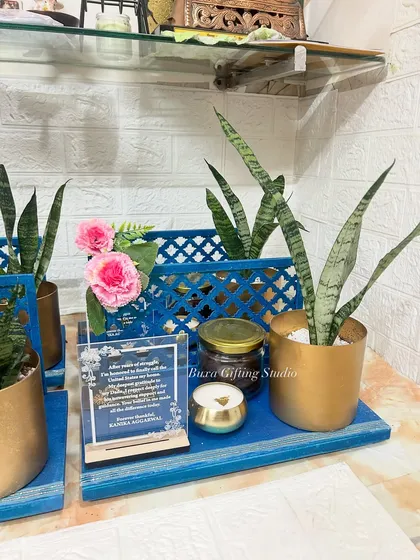 A truly special "Thank You" gift to celebrate a huge milestone: receiving a Green Card! This luxury platter includes a snake plant in a brass planter, Theobroma cookies, and a scented candle.