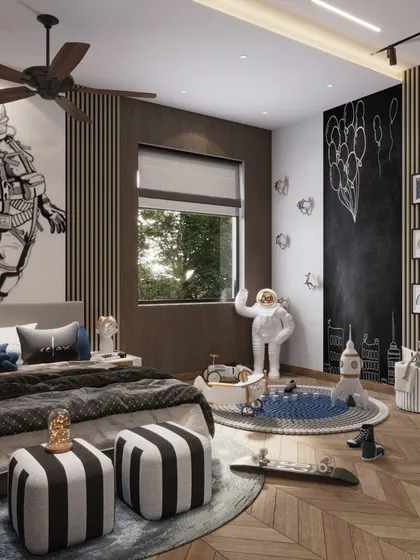 This space-themed bedroom is designed to inspire adventure. A large astronaut mural dominates one wall, while a chalkboard wall encourages creativity. The room is filled with playful elements like a yeti figure and a skateboard, making it a perfect kid's retreat.