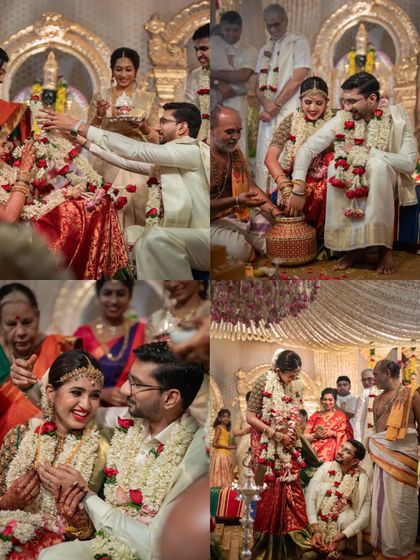 More beautiful moments from the wedding ceremony. These images highlight the intricate rituals and the couple's traditional attire, including the garlands and the bride's stunning gold jewelry.