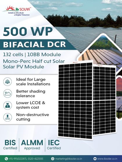 Our 500WP Bifacial DCR module is a high-performance solution for large-scale installations. The 132-cell, 10BB Mono-PERC half-cut design offers better shading tolerance and a lower Levelized Cost of Energy (LCOE), making your project more profitable.