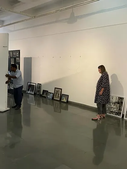 The team moving a temporary wall into place for the 'Southern Stars' exhibition design.