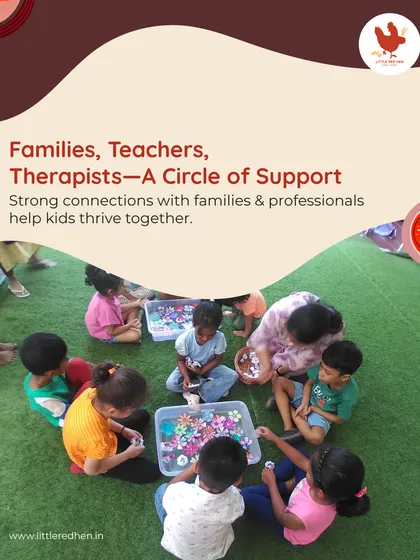 Families, teachers, therapists, a circle of support. We believe strong connections between home and school help kids thrive. Here, children engage in a group activity on the lawn.