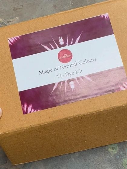 The packaging for our tie-dye kit. It makes a wonderful and unique gift for anyone who loves crafts, sustainability, or just trying something new.