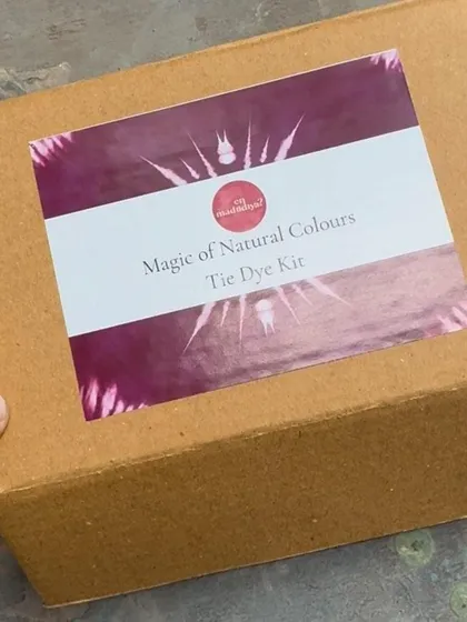 The packaging for our tie-dye kit. It makes a wonderful and unique gift for anyone who loves crafts, sustainability, or just trying something new.