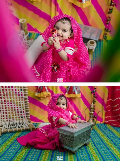 Celebrating heritage is so important to me. For this baby milestone session, we created a vibrant Rajasthani theme, complete with a colorful 'leheriya' dupatta and traditional props to honor the family's roots in a beautiful and playful way.