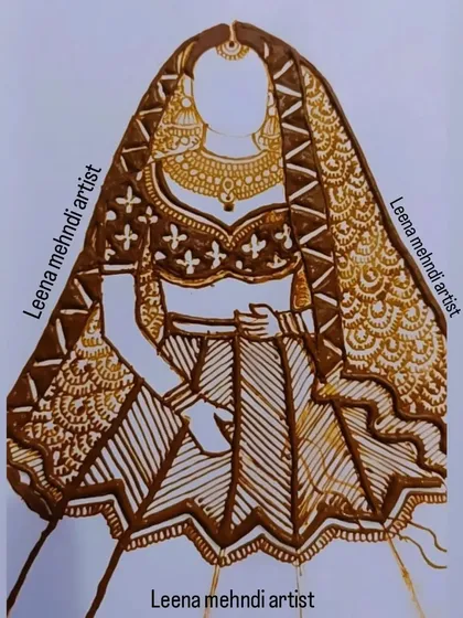 A practice design of a bride without a face, focusing on the intricate details of the lehenga, dupatta, and jewelry. This style is great for brides who want a figurative design without a full portrait.