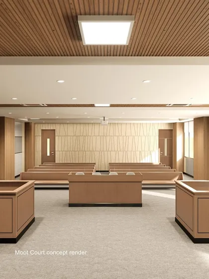 A rear view of the moot court concept render for GL Bajaj University. The design features clean lines and wood-paneled walls to create a formal and focused environment for legal practice sessions.