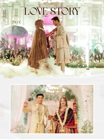 A "Love Story" collage showing two key moments: the varmala exchange on a grand stage and the couple's happy pose after the ceremony.