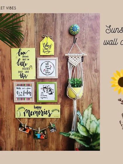 Our 'Sunshine Wall Combo' is perfect for brightening up any room. This set features our best hand-doodled wooden stickers, cute colorful glass frames, and a macrame plant hanger with a ceramic owl planter.