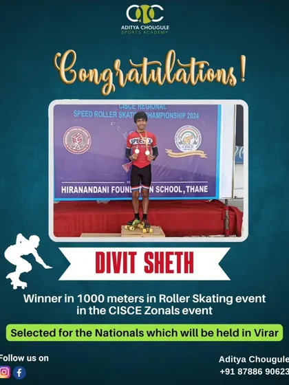 A proud moment for our academy as our student Divit Sheth wins the 1000 meters in a Roller Skating event and is selected for the Nationals.