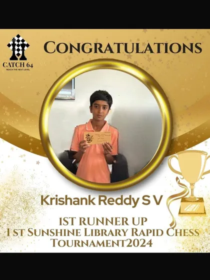 A remarkable performance from Krishank Reddy S V, who finished as the 1st Runner Up in the open category of the 1st Sunshine Library Rapid Chess Tournament.