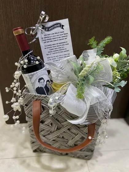 A duplicate of ID 95, this image shows our personalized anniversary wine basket, a perfect blend of thoughtfulness and sophisticated presentation.