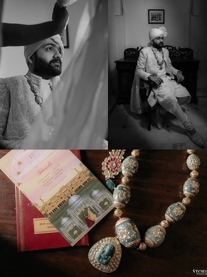 A collage showing the groom's preparation, the wedding invitation, and the intricate details of his royal necklace.