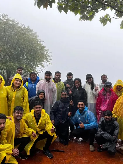 A sea of yellow ponchos. Our trekkers are always prepared for the unpredictable monsoon weather, ensuring the fun never stops.
