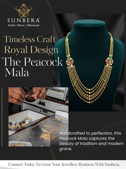 The Peacock Mala is a masterpiece of traditional craftsmanship. This graphic highlights the handcrafted detail of the multi-layered gold bead chains and the vibrant enamel work on the peacock motifs.