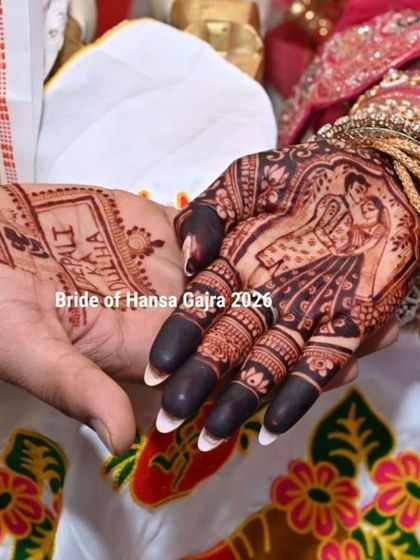 A beautiful moment showing the bride's portrait mehendi alongside the groom's simpler design, which reads 'Meri Dulhan' (My Bride). It's these little details that make the story complete.