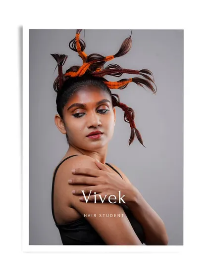 A professional portfolio shot of hair student Vivek's creative work, showcasing his unique talent.