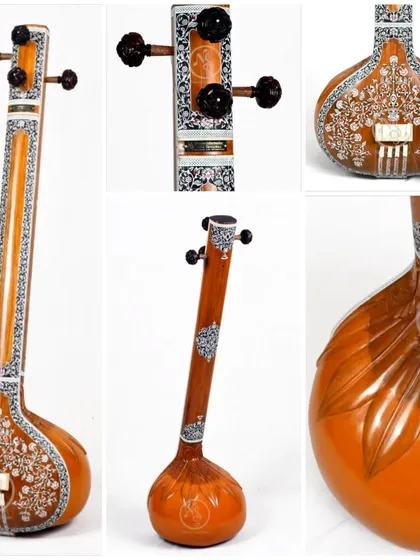 A collage showing our floral tanpura from multiple angles. You can see the detailed carving, the fine inlay work, and the beautiful finish.