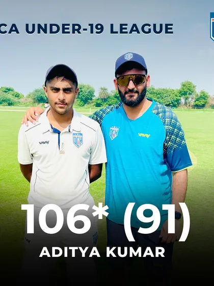 A graphic celebrating Aditya Kumar's unbeaten 106 in the DDCA Under-19 league.